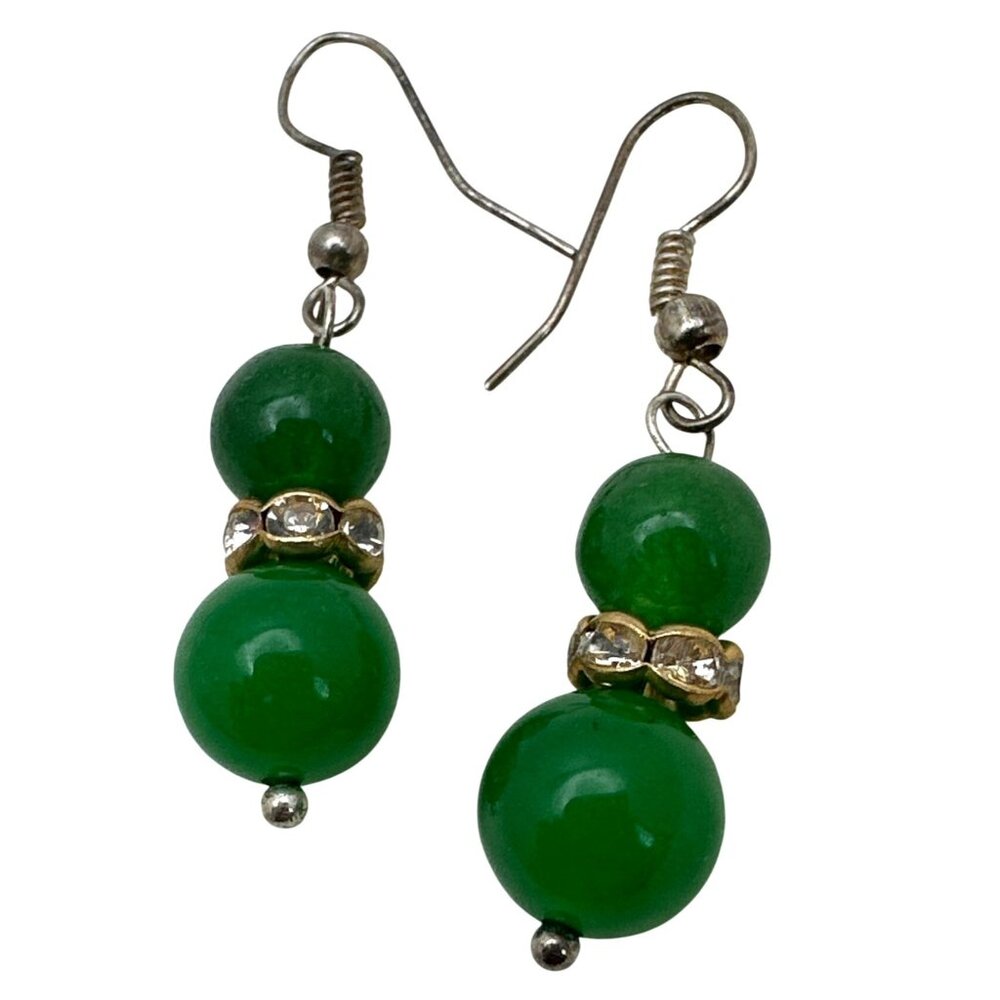 Dainty Green Jade Earrings Dangle Drop Rhinestones Whimsy Preppy Boho Chic Glam